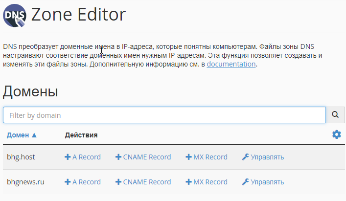 Редактор DNS зон в Cpanel